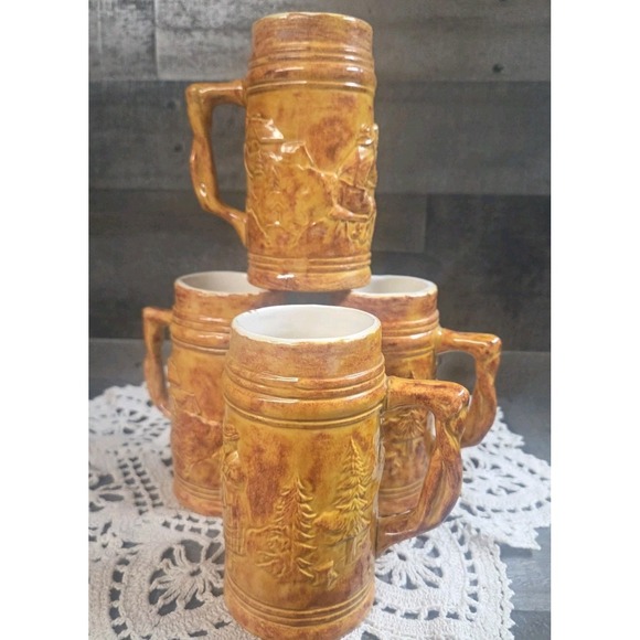 Ceramic Beer Mugs Stein w/handle Vintage 1980 Yellow Gold Glaze Set Of 4 - Picture 1 of 7